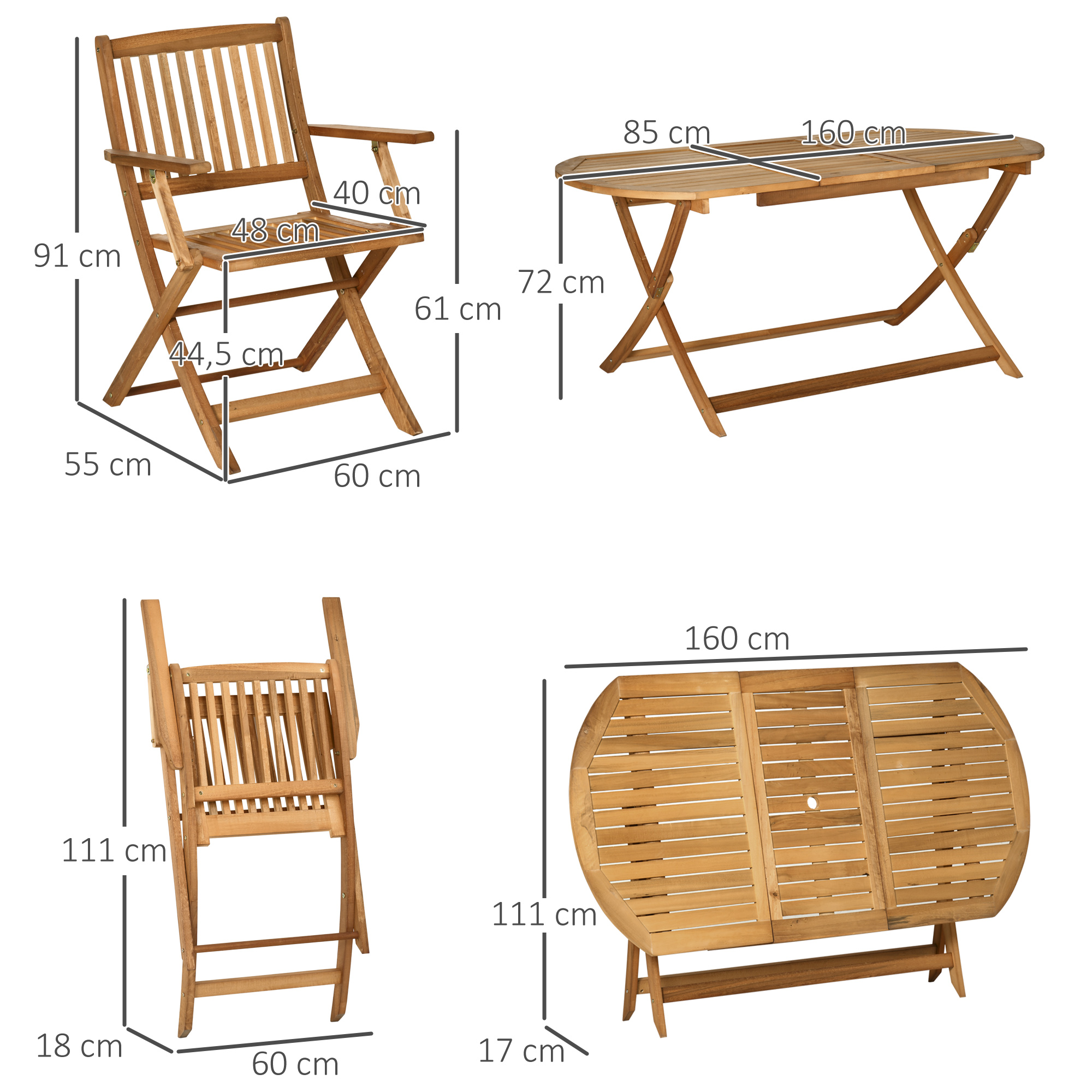 Seating group 7 pieces. Folding dining group garden furniture set made of solid natural wood