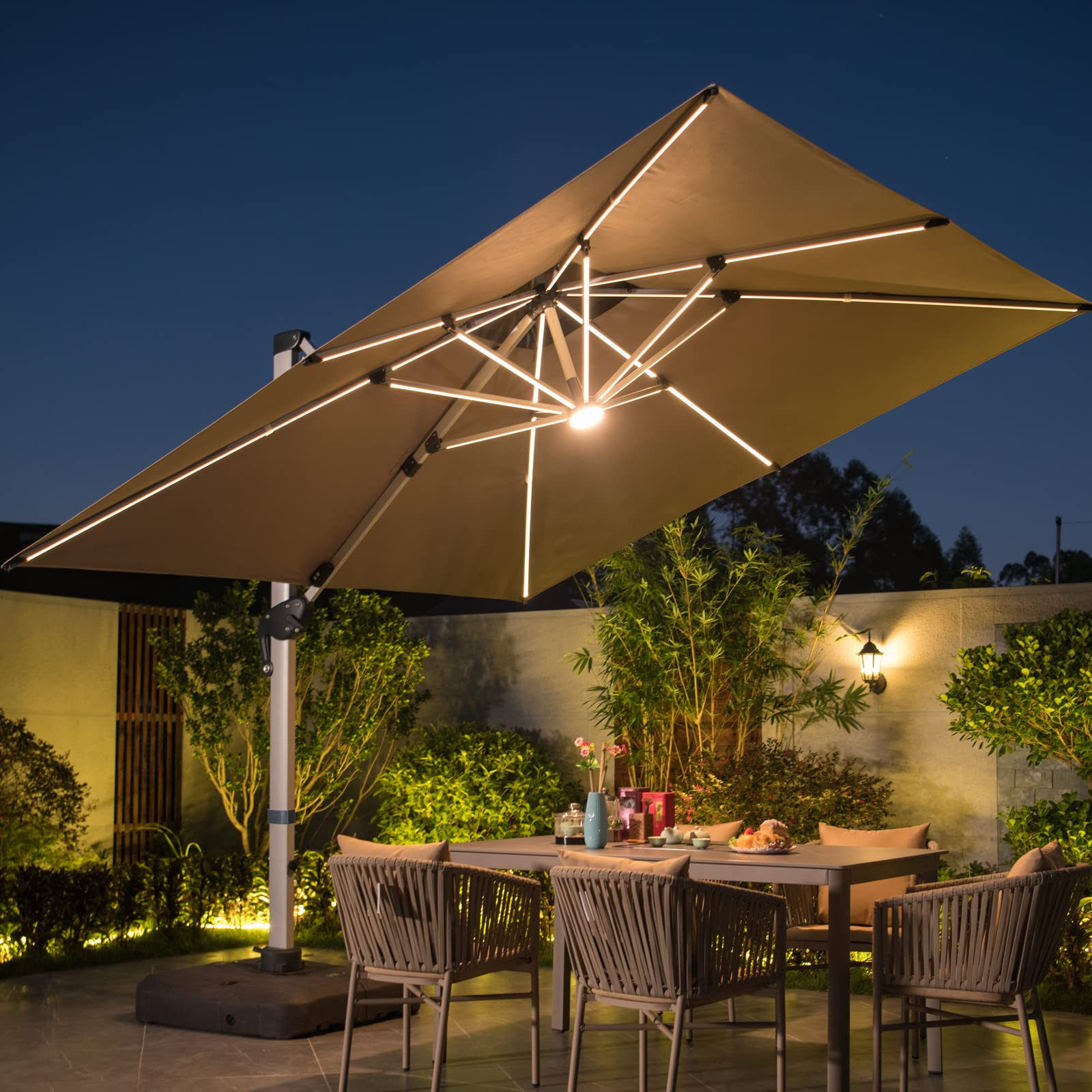 【Home&Garden】【BS】10 FT Square Cantilever Umbrella with Solar LED Lights & Cross Base, Large Patio Umbrella