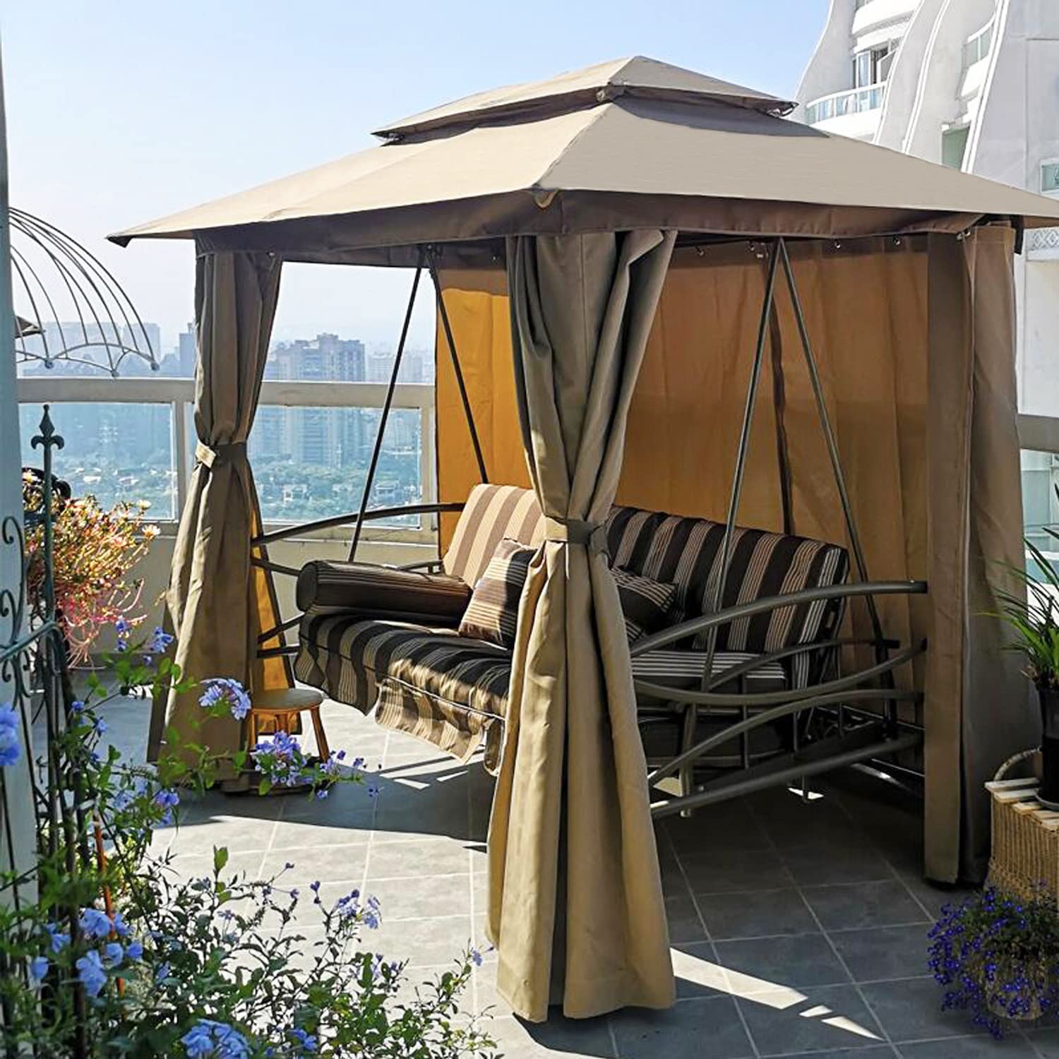 【Gazebo】【BS】3 Person Outdoor Patio Porch Swing Gazebo with Netting & Gazebo Curtains