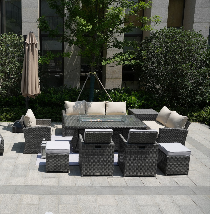 Wicker Patio Gray Wicker Conversational Seating Set with Rectangular Glass Fire Pit Table and Back Chair (Patio Set Option)