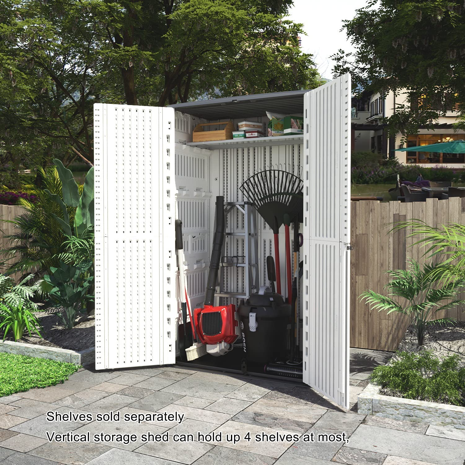 【Storage Shed】Outdoor Storage Shed Waterproof, Resin Vertical Storage Cabinet Double-Layered