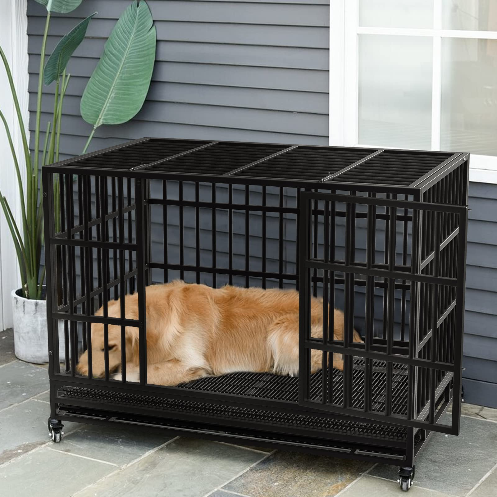 【Pet】【BS】48/38 inch Heavy Duty Dog Crate, Escape Proof Dog cage with Lockable Wheels & Removable Tray