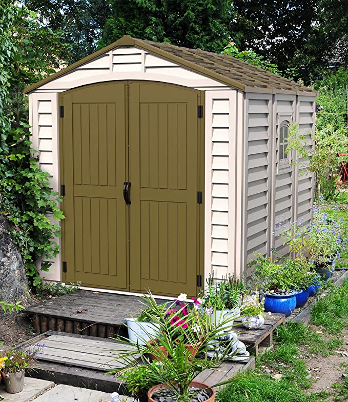 Duramax DuraPlus 8’ x 8’ Plastic Garden Storage Shed | Adobe & Brown| Fire Retardant & All-Weather Outdoor Solution | Store Bikes, Tools, BBQ & Home Gym| Strong Structure & Maintenance-Free Vinyl Shed