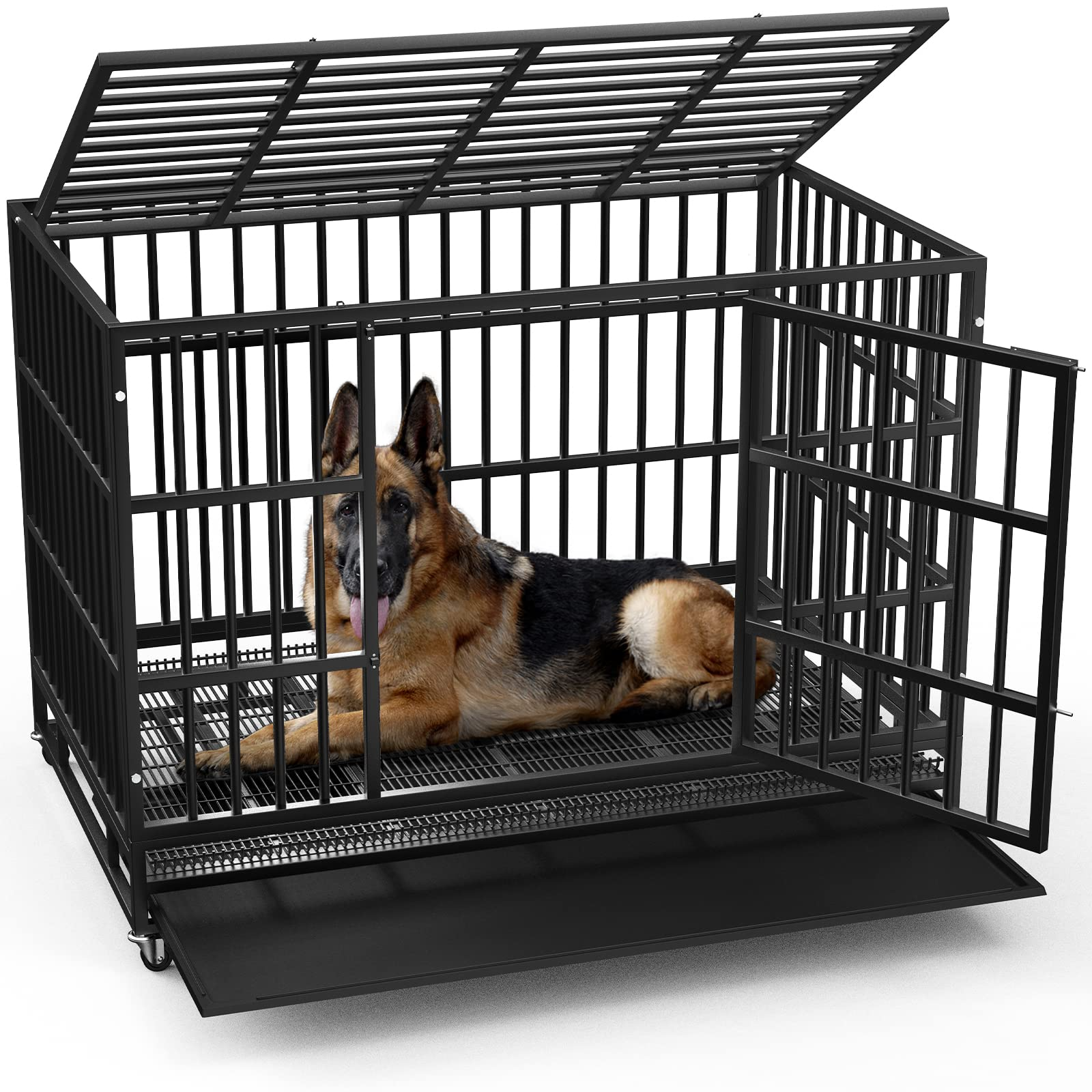 【Pet】【BS】48/38 inch Heavy Duty Dog Crate, Escape Proof Dog cage with Lockable Wheels & Removable Tray