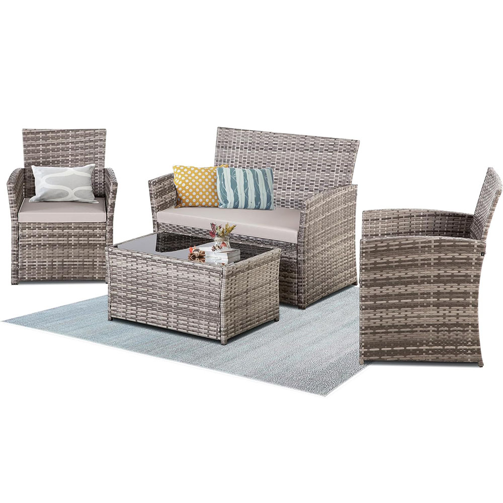 4 Piece Patio Furniture Set, Indoor/Outdoor Rattan Sectional Sofa Living Room Bistro Set