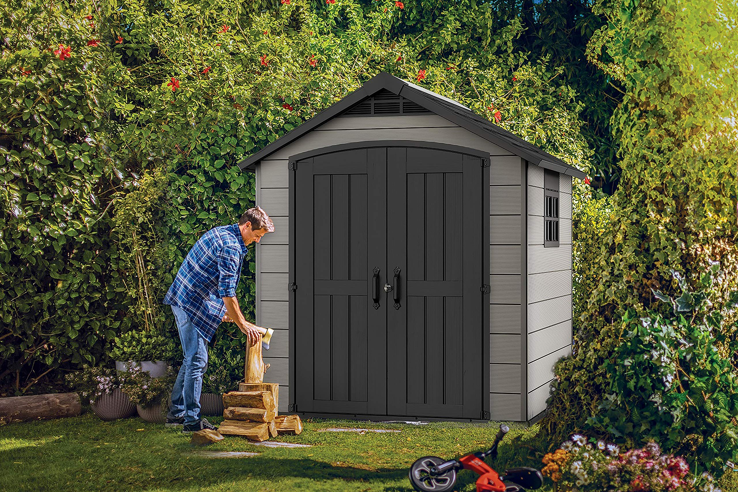 Keter Premier Apex Outdoor Garden Storage Shed, Grey, 7.5 x 7 ft