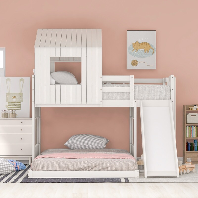 AOOLIVE Wooden Twin Over Full Bunk Bed with Playhouse,White